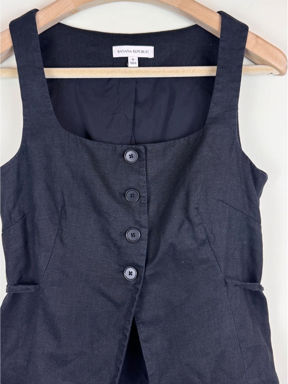 Banana Republic 100% Linen Long Vest Black Size 6 Square Neck Tie Back Y2K - Picture 4 of 10